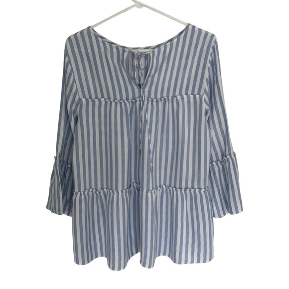 Frazzle Women’s Blue and White Striped Boho Bell Sleeved Top. Size L - Picture 3 of 10